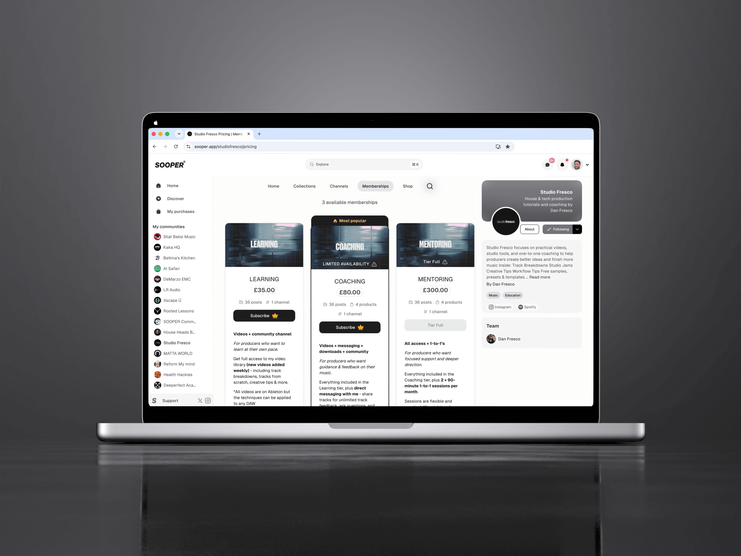 Studio Fresco membership tiers on Sooper: Learning, Coaching and Mentoring
