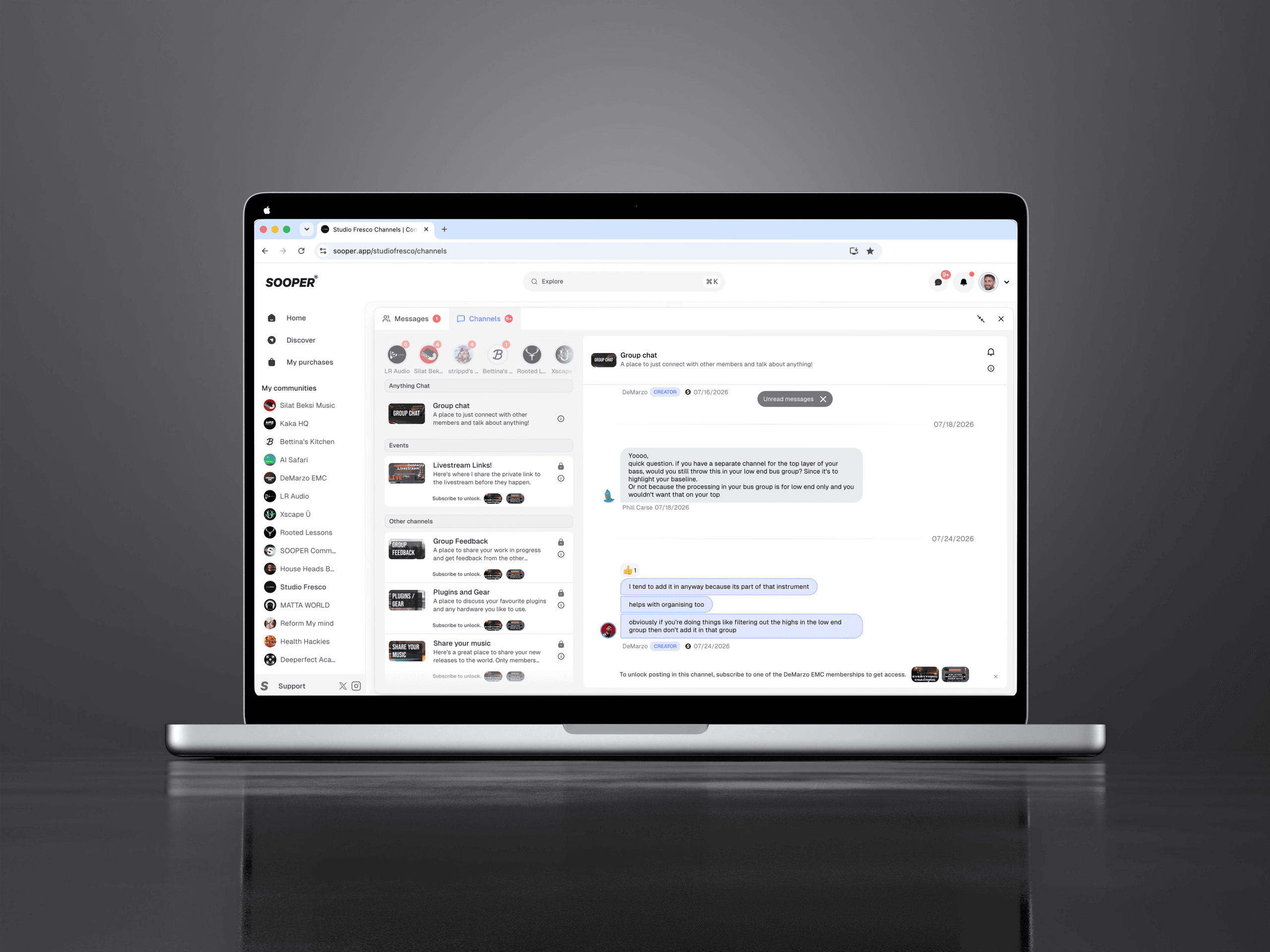 DeMarzo EMC community channels and member chat on Sooper