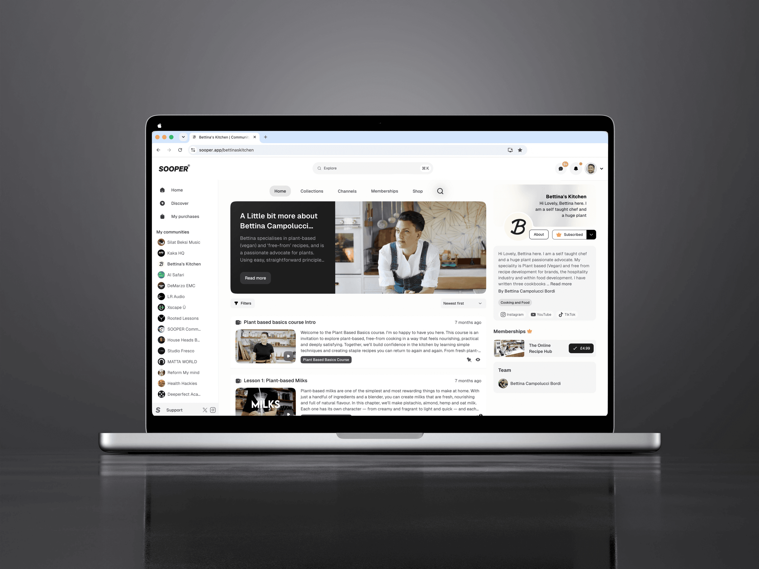 A Sooper community home page with posts, channels and membership tiers
