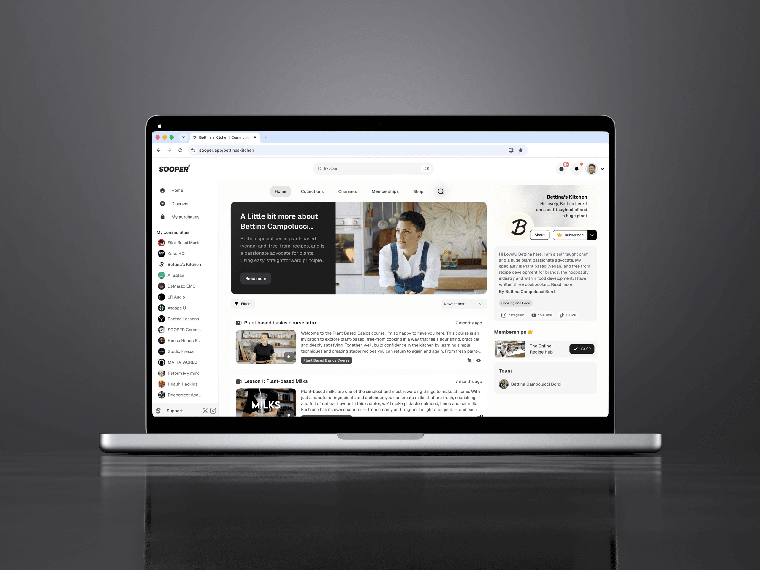 Bettina's Kitchen community home on Sooper: featured post and lesson feed