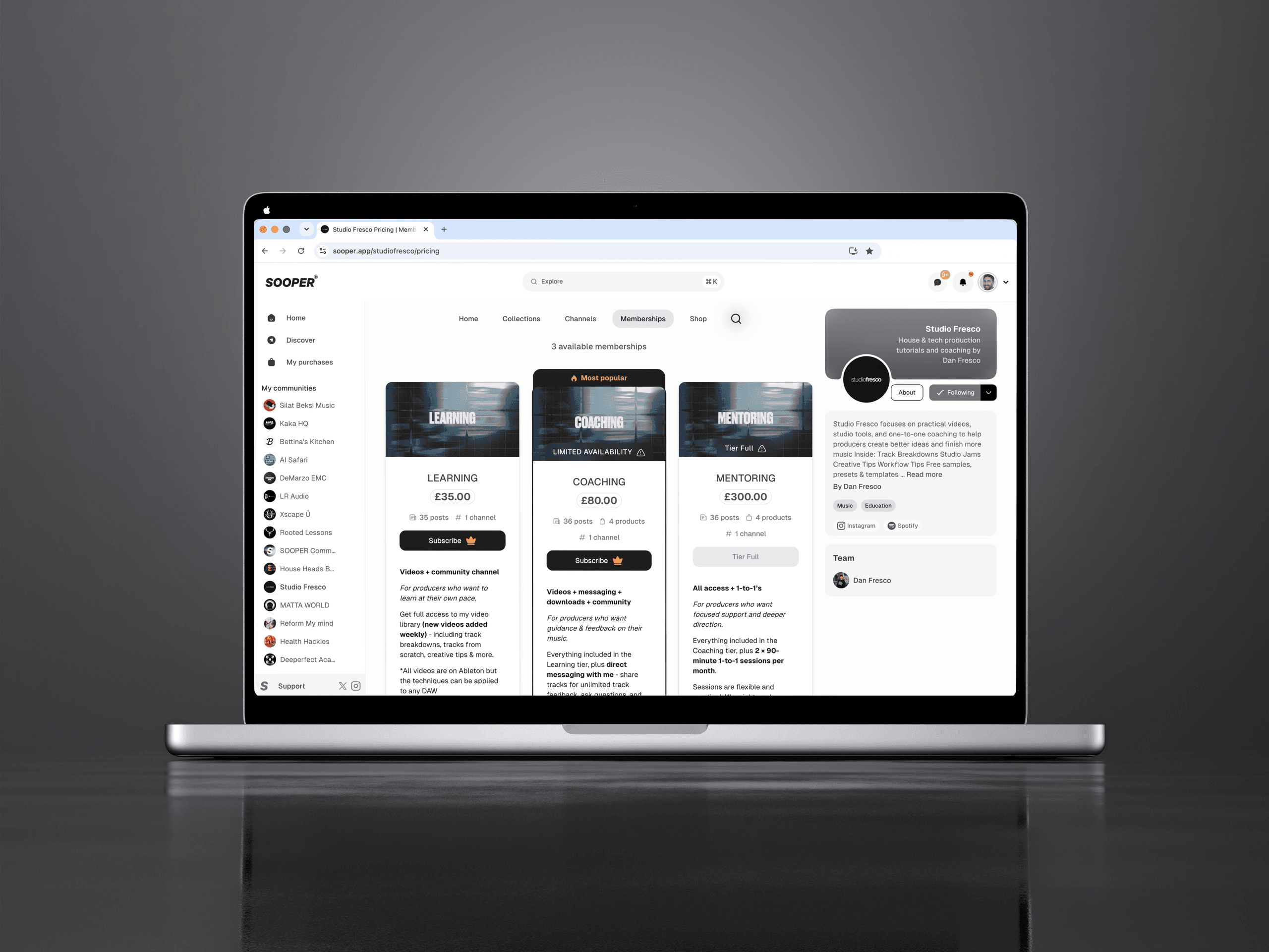 Studio Fresco membership tiers on Sooper: Learning, Coaching and Mentoring