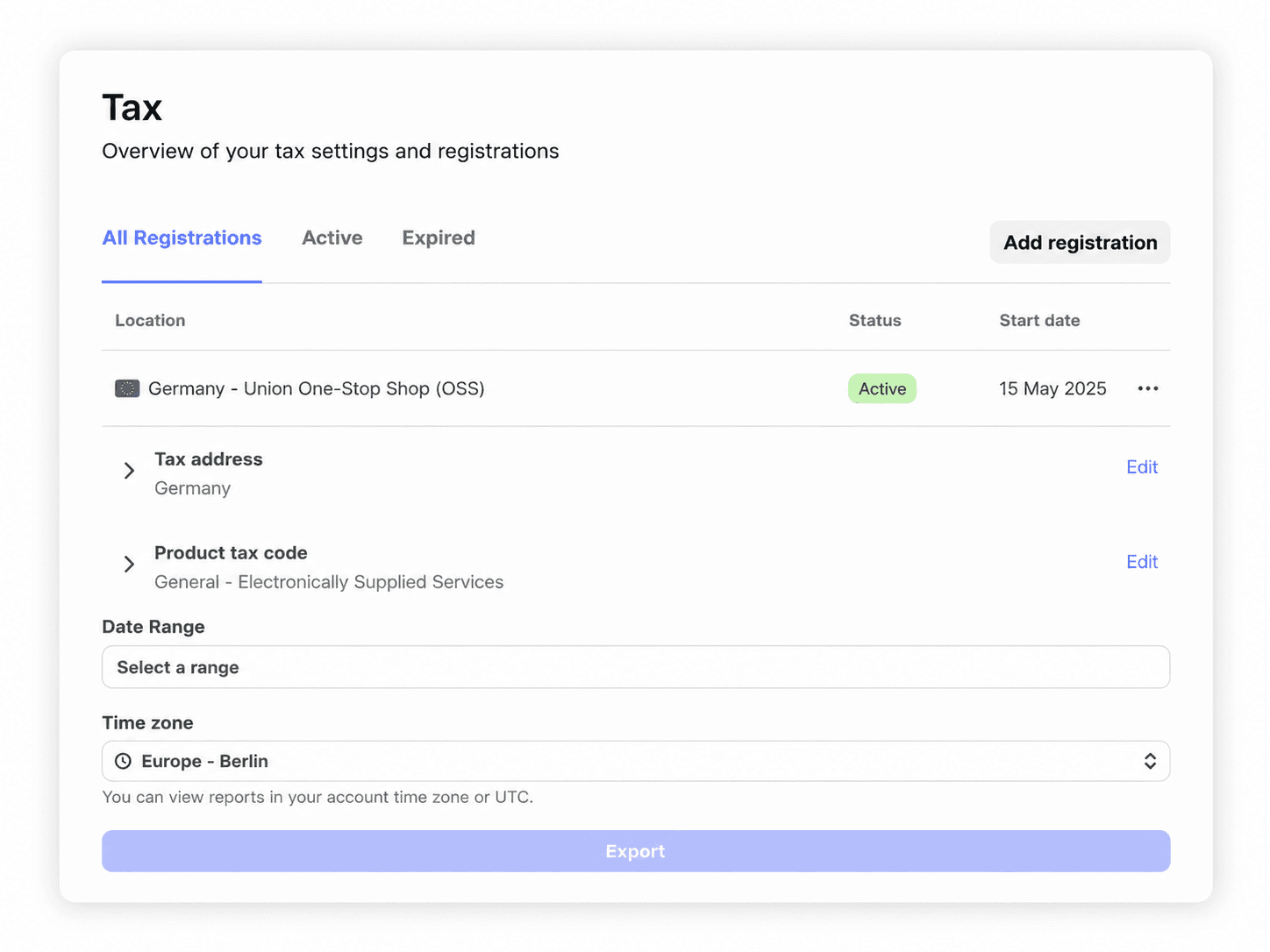 Tax settings overview: an active EU One-Stop Shop registration with export-ready reports